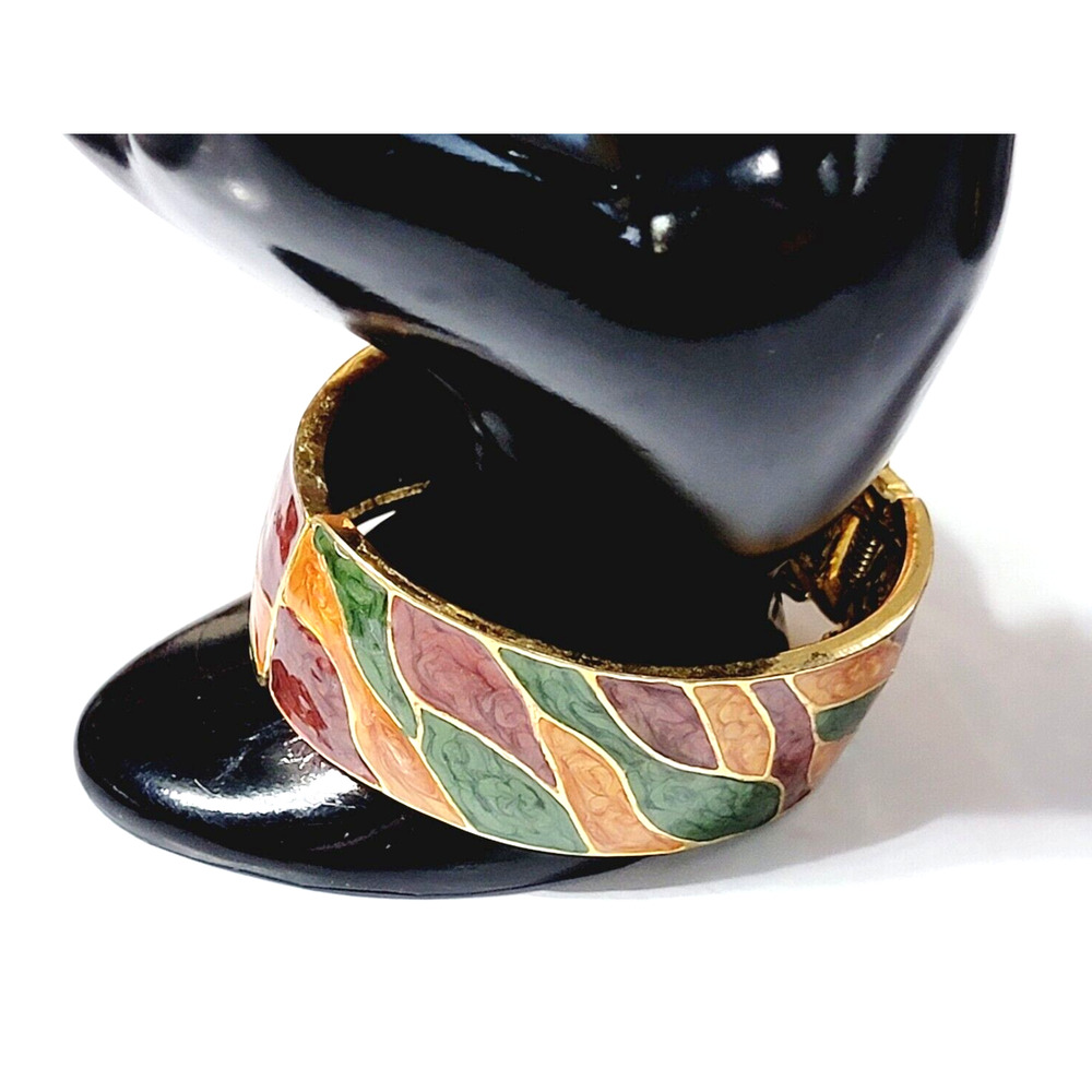 Modern Hinged Bracelet Bangle, Green Gold Purple Enamel, Gold-tone hb